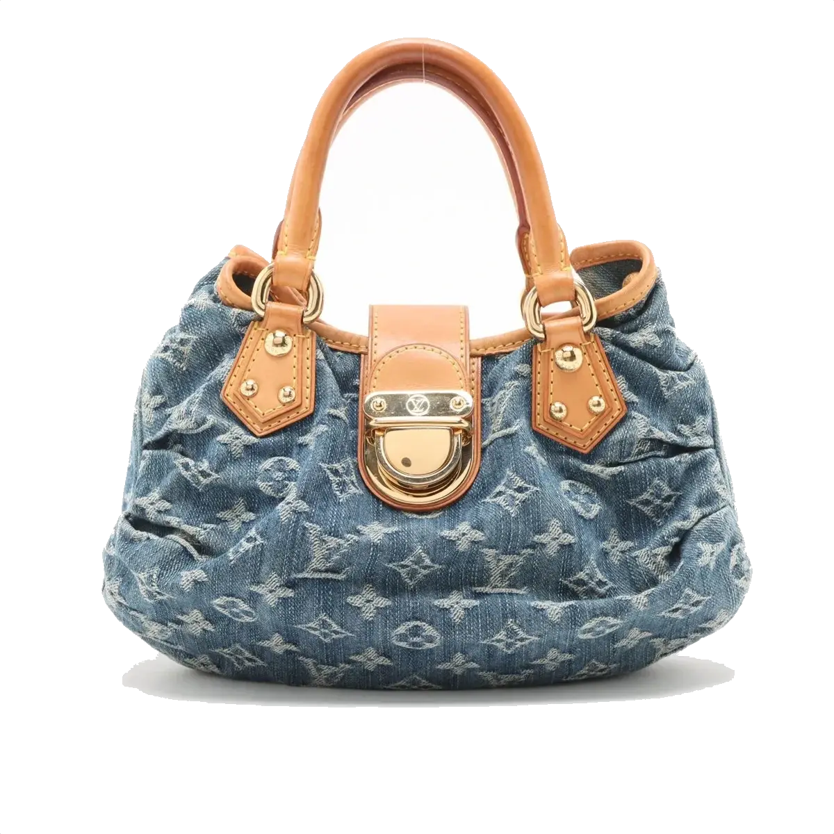 Pre-Loved Pleaty Handbag Monogram Denim Small with Gold Hardware, Blue