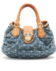 Pre-Loved Pleaty Handbag Monogram Denim Small with Gold Hardware, Blue