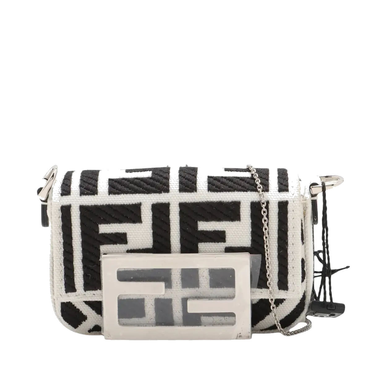 Pre-Loved Baguette Crossbody Bag Monogram Canvas Nano with Silver Hardware, White and Black