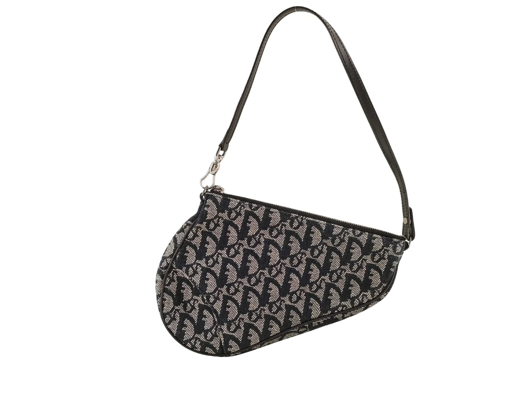 Pre-Loved Saddle Pochette Oblique Canvas Mini with Silver Hardware, Navy and Grey