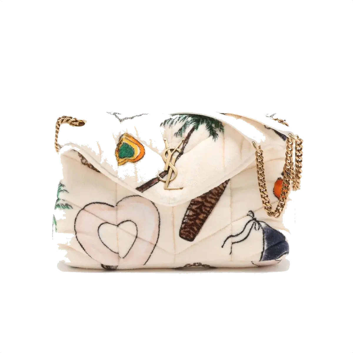 Pre-Loved Loulou Puffer Shoulder Bag Quilted Velvet Small with Aged Gold Hardware, Ivory Multicolor