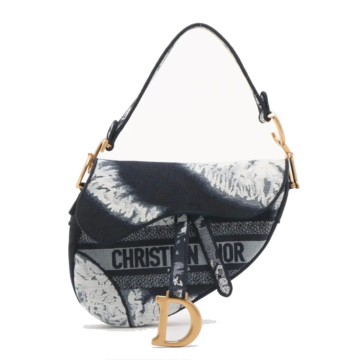 Pre-Loved Saddle Shoulder Bag Toile de Jouy Canvas Mini with Aged Gold Hardware, Navy Blue / White