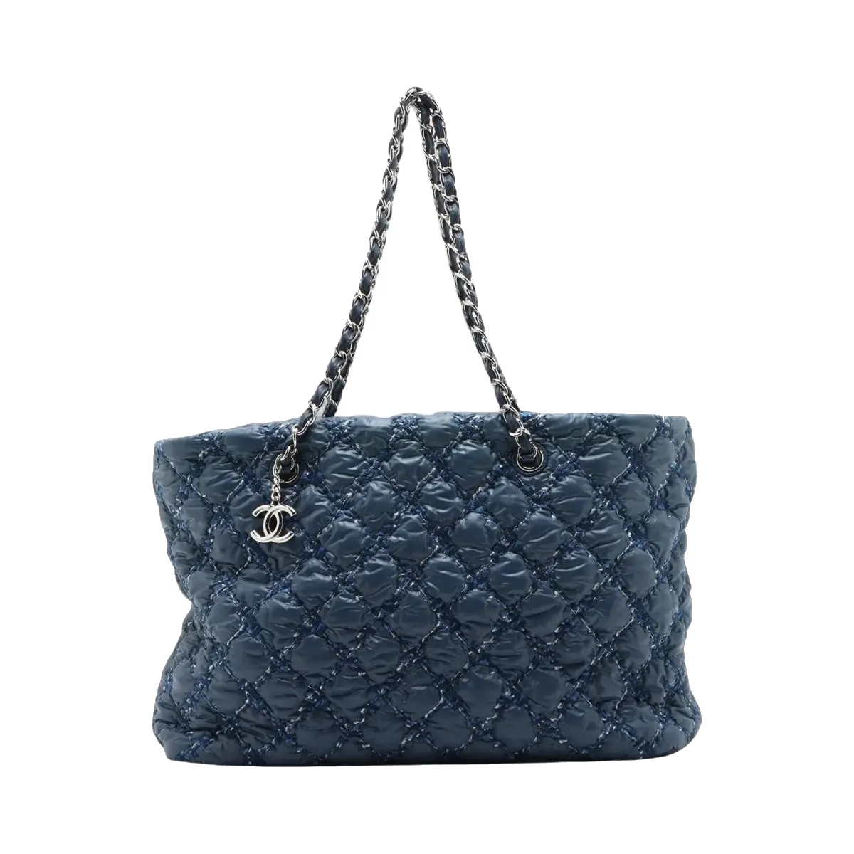 Pre-Loved Tweed on Stitch Bubble Quilt Tote Quilted Nylon with Silver Hardware, Blue