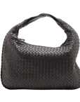 Pre-Loved Veneta Shoulder Bag Intrecciato Leather Medium with Gunmetal Hardware, Dark Brown