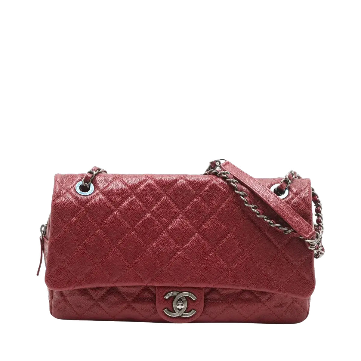 Pre-Loved Easy Flap Shoulder Bag Quilted Leather with Silver Hardware, Red