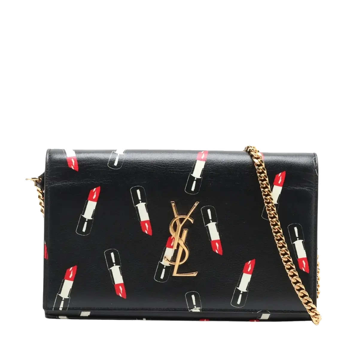 Pre-Loved Kate Chain Wallet Crossbody Bag Lipstick Print Leather Small with Gold Hardware, Black