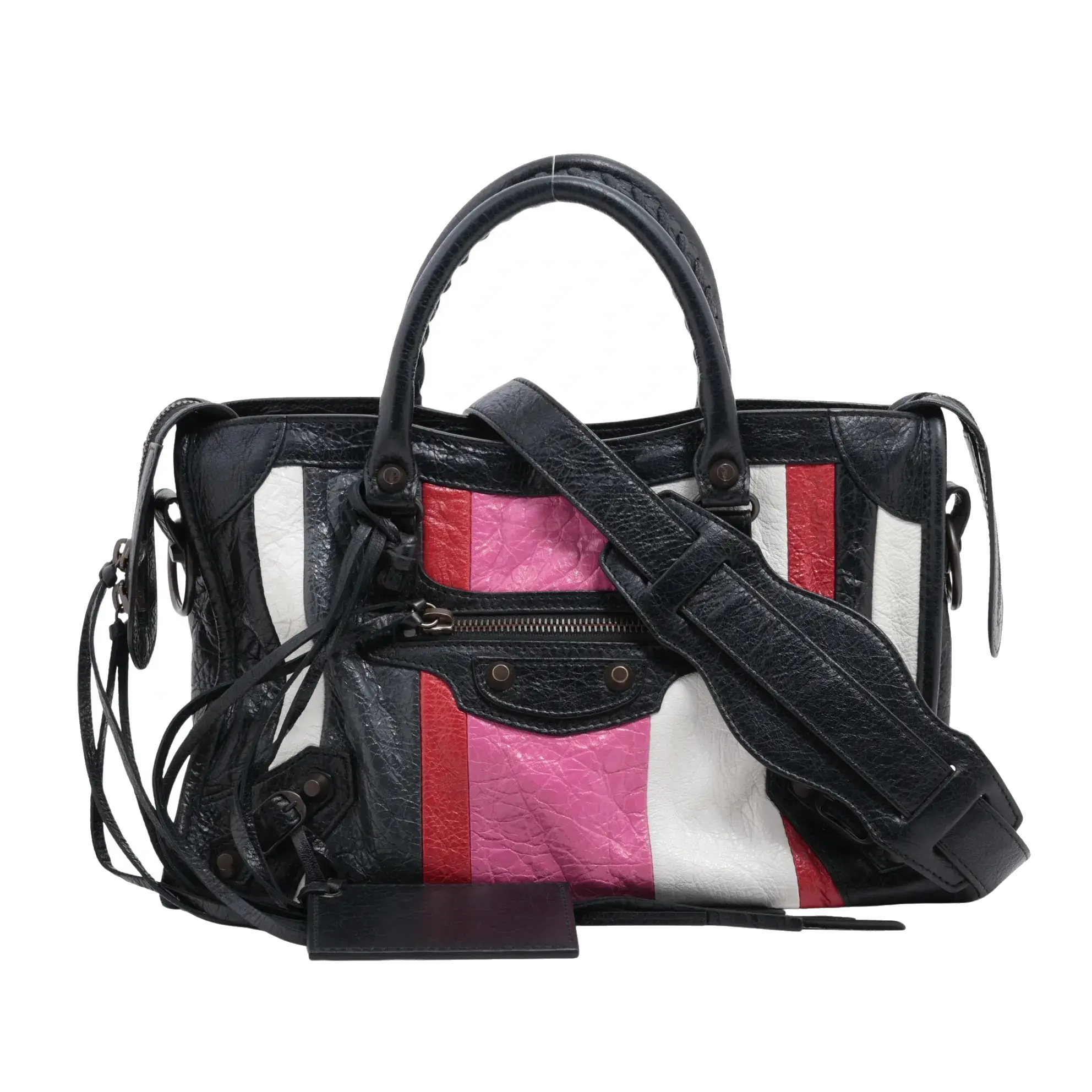Pre-Loved Classic City Handbag Striped Leather Small with Aged Bronze Hardware, Black, White, Pink, Red