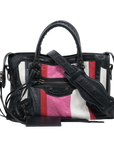 Pre-Loved Classic City Handbag Striped Leather Small with Aged Bronze Hardware, Black, White, Pink, Red