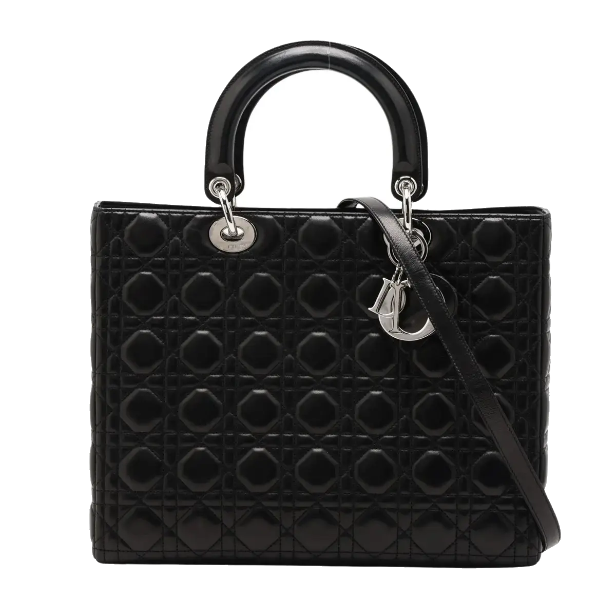Pre-Loved Lady Dior Handbag Cannage Leather Large with Silver Hardware, Black