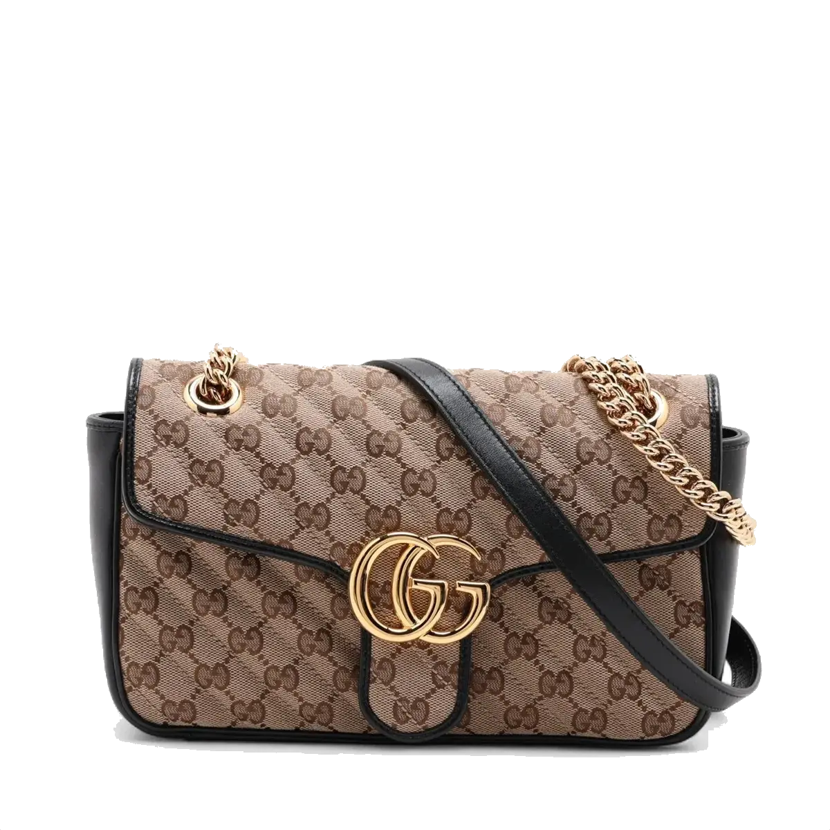 Pre-Loved GG Marmont Shoulder Bag Monogram Coated Canvas Small with Gold Hardware, Beige Ebony