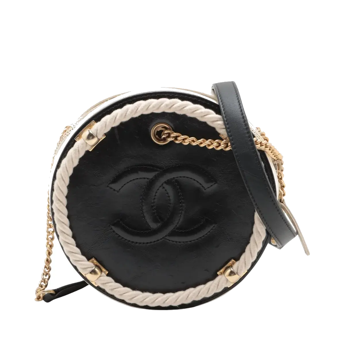 Pre-Loved En Vogue Round Clutch with Chain Crossbody Bag Leather Small with Gold Hardware, Black and Ivory