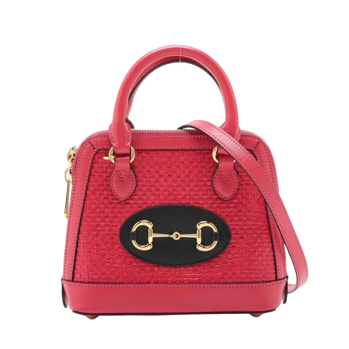 Pre-Loved Horsebit 1955 Handbag Woven Raffia Mini with Gold Hardware, Pink