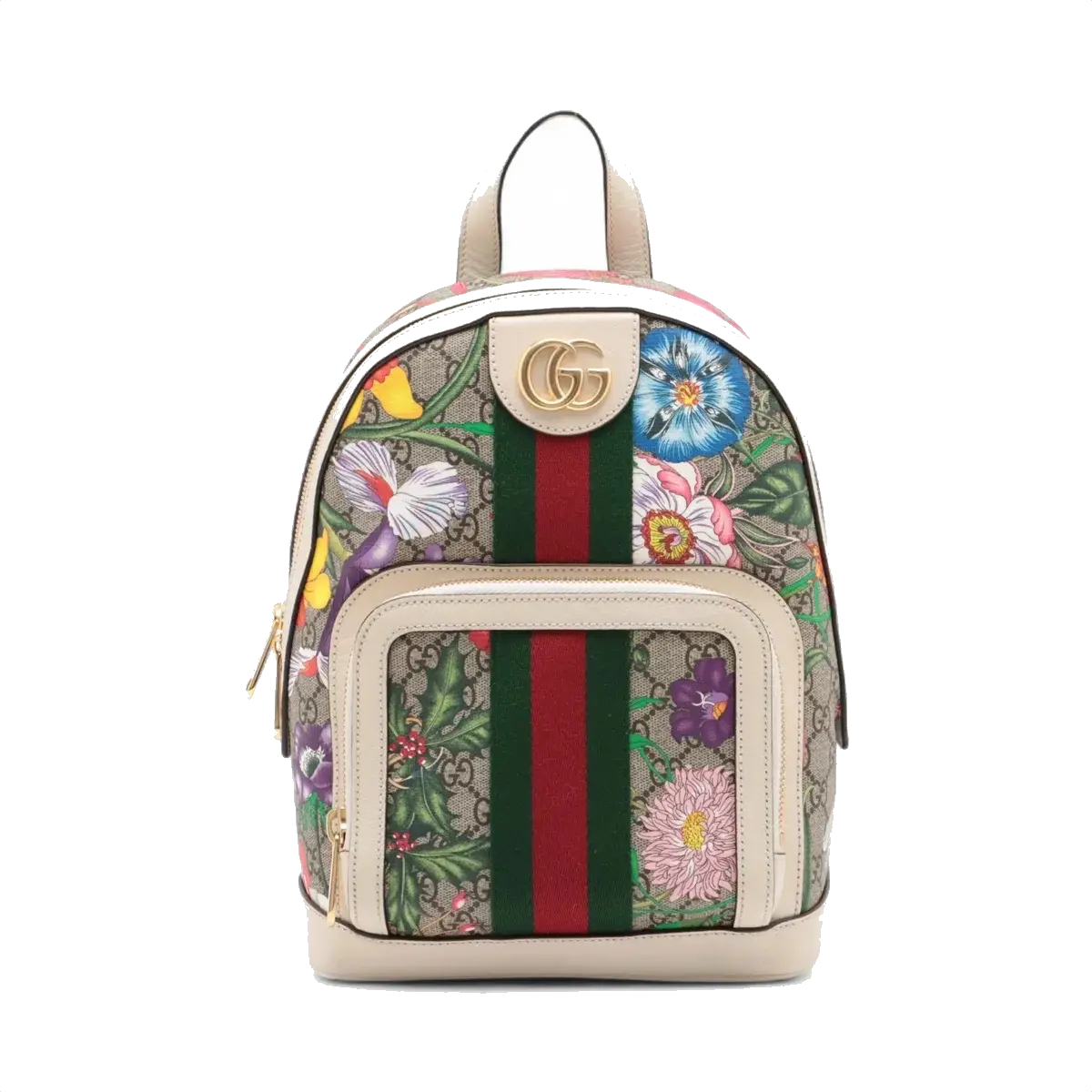 Pre-Loved Ophidia GG Flora Backpack Monogram Coated Canvas Small with Gold Hardware, Beige Ebony with Floral Multicolor