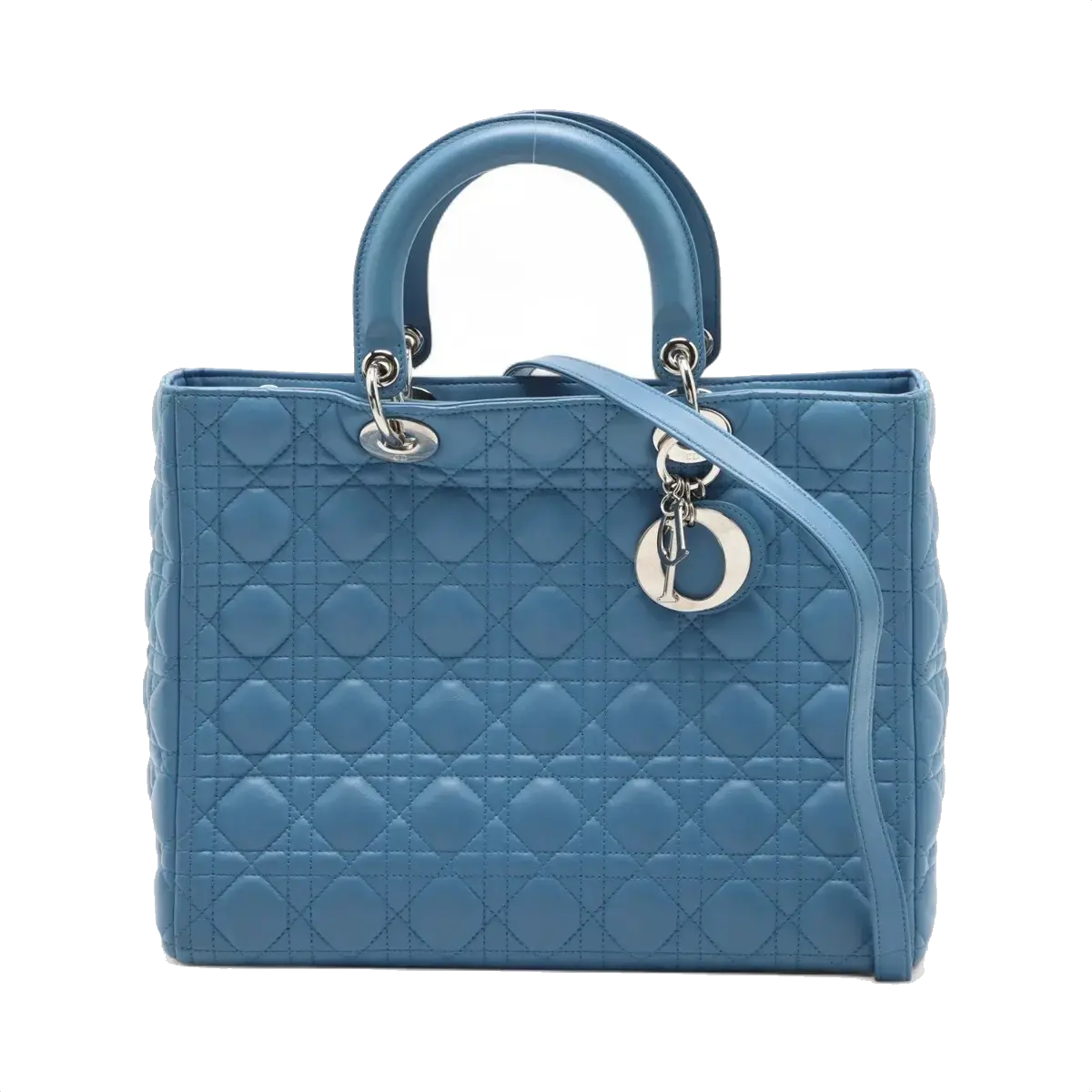Pre-Loved Lady Dior Handbag Cannage Leather Large with Silver Hardware, Blue