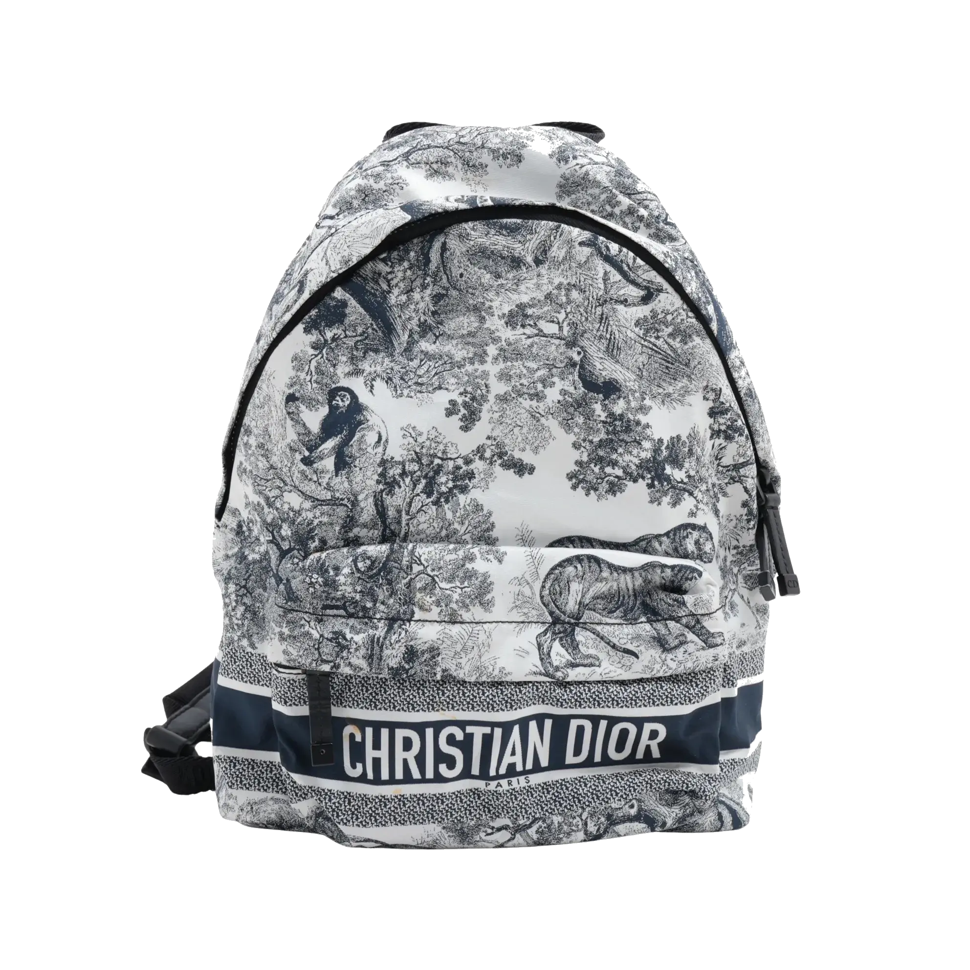 Pre-Loved DiorTravel Backpack Toile de Jouy Coated Canvas Medium with Black Hardware, White and Navy Blue