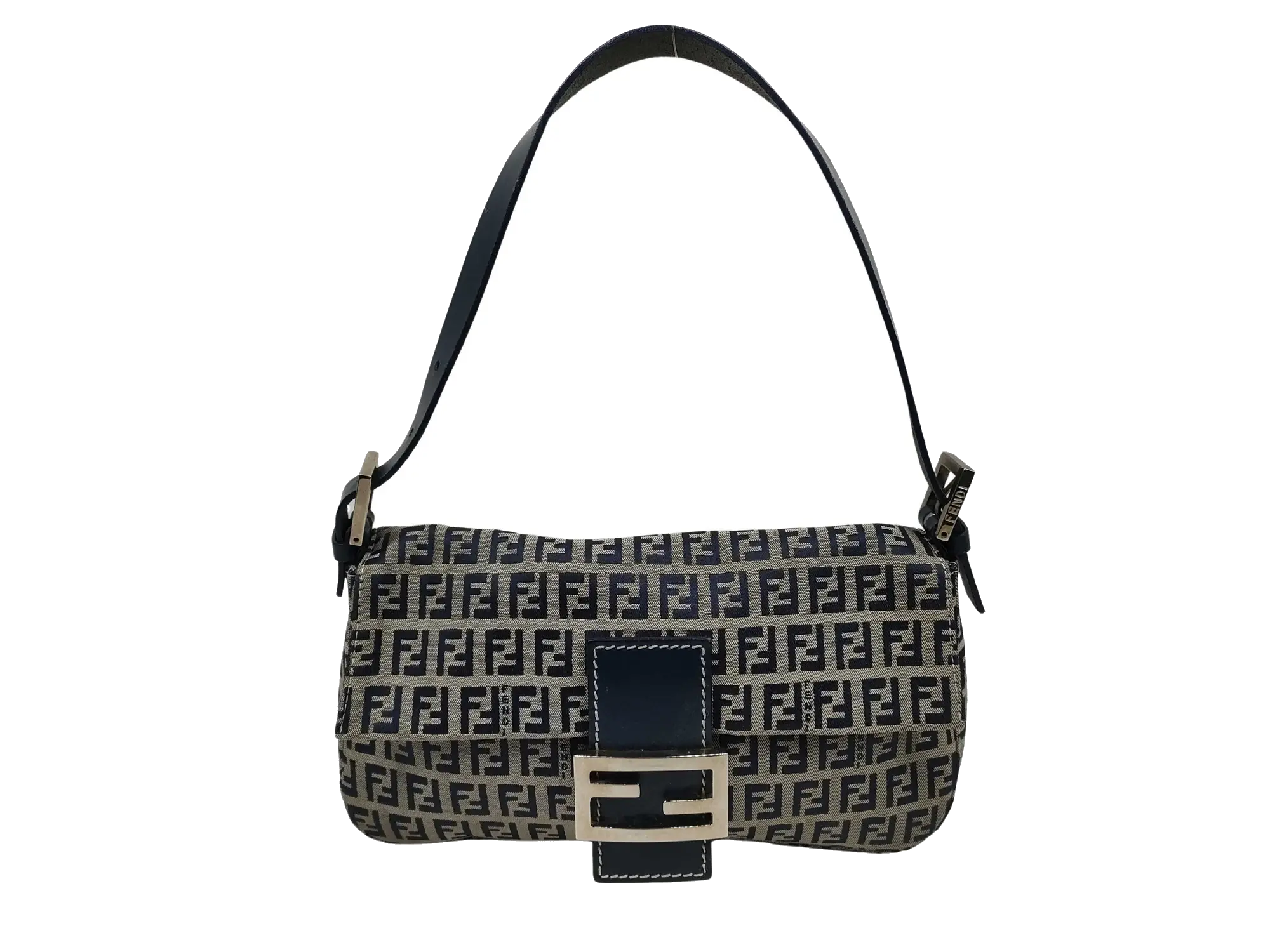 Pre-Loved Mamma Baguette Shoulder Bag Zucchino Canvas Coated with Silver Hardware, Navy and Grey