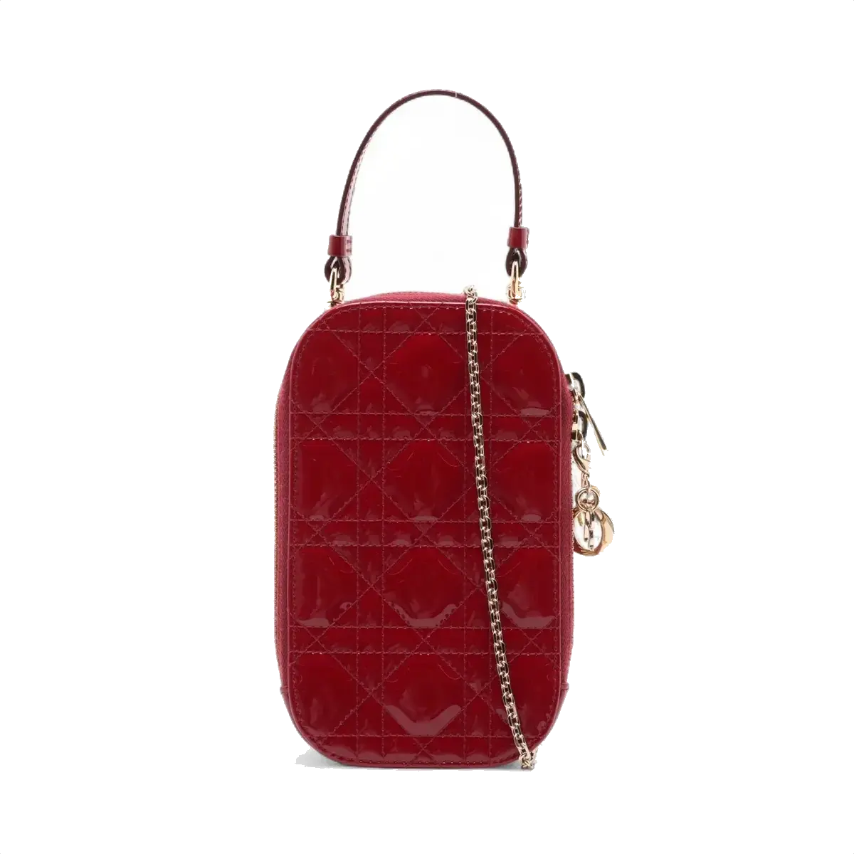 Pre-Loved Lady Dior Phone Holder Crossbody Bag Cannage Patent Leather Mini with Gold Hardware, Red