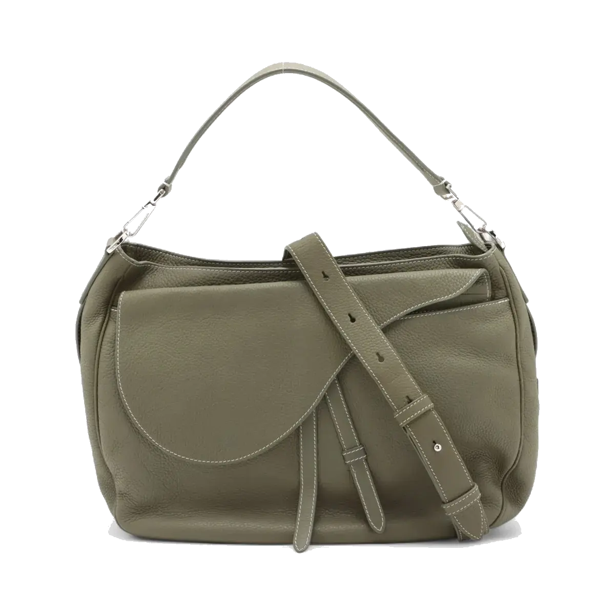 Pre-Loved Saddle Hobo Shoulder Bag Leather with Silver Hardware, Olive Green
