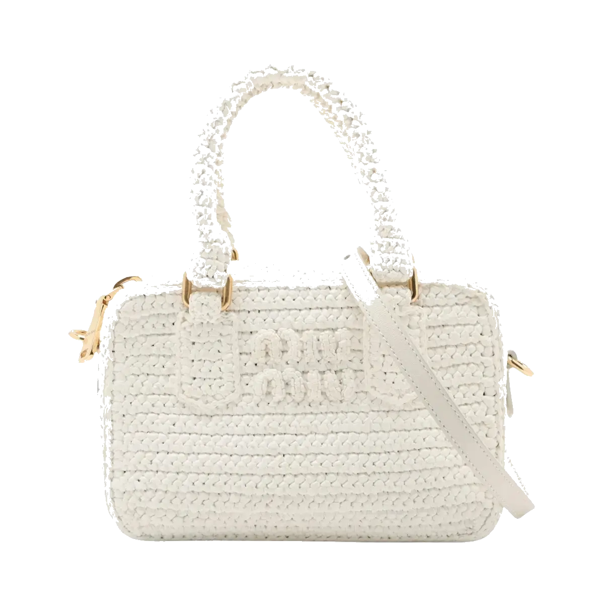 Pre-Loved Crochet Bowling Bag Handbag Crochet Raffia Mini with Gold Hardware, White
