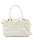 Pre-Loved Crochet Bowling Bag Handbag Crochet Raffia Mini with Gold Hardware, White