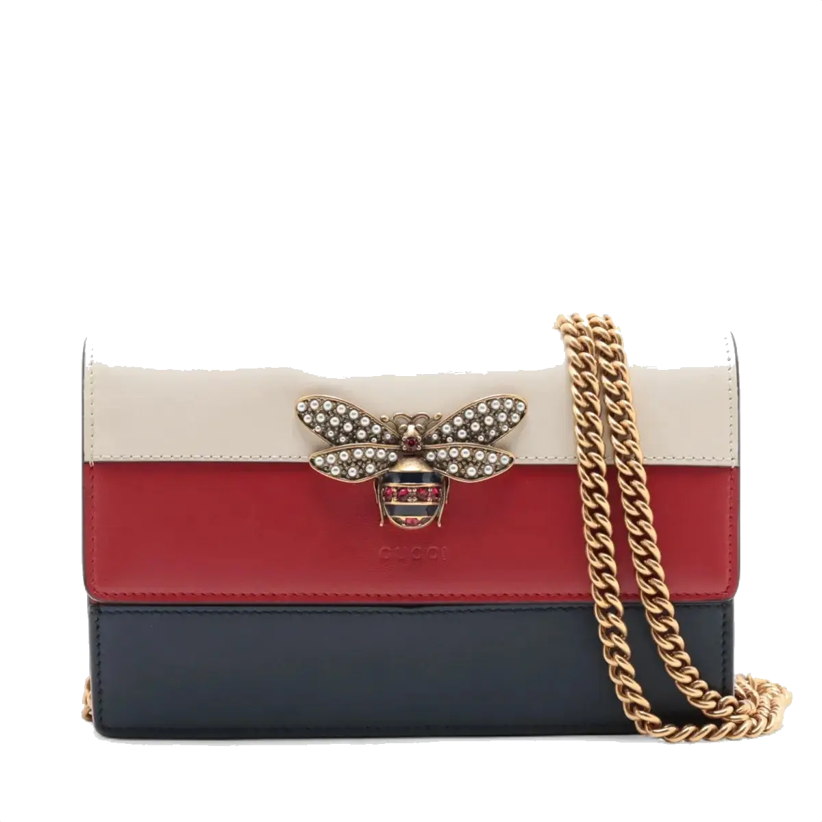 Pre-Loved Queen Margaret Wallet on Chain Crossbody Bag Leather Mini with Aged Gold Hardware, White, Red, and Navy Blue