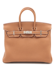Pre-Loved Birkin Handbag Leather 25 with Palladium Hardware, Gold (Tan)