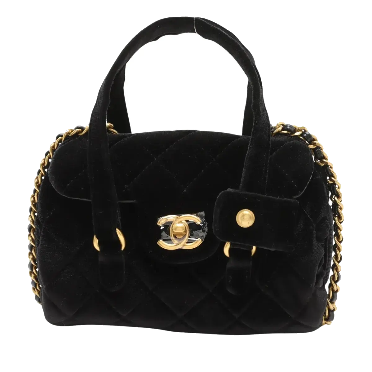Pre-Loved Bowling Bag Handbag Quilted Velvet Mini with Aged Gold Hardware, Black