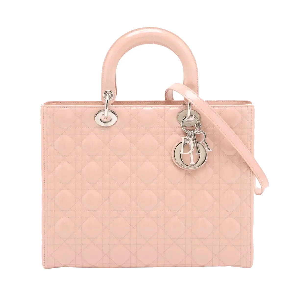 Pre-Loved Lady Dior Handbag Cannage Patent Leather Large with Silver Hardware, Pink