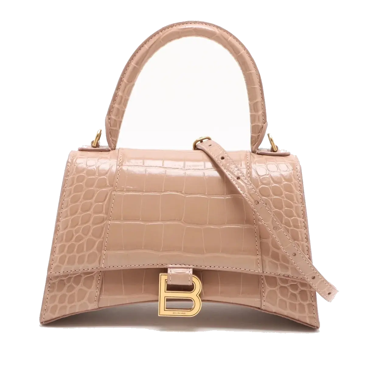 Pre-Loved Hourglass Handbag Crocodile Embossed Leather Small with Gold Hardware, Beige