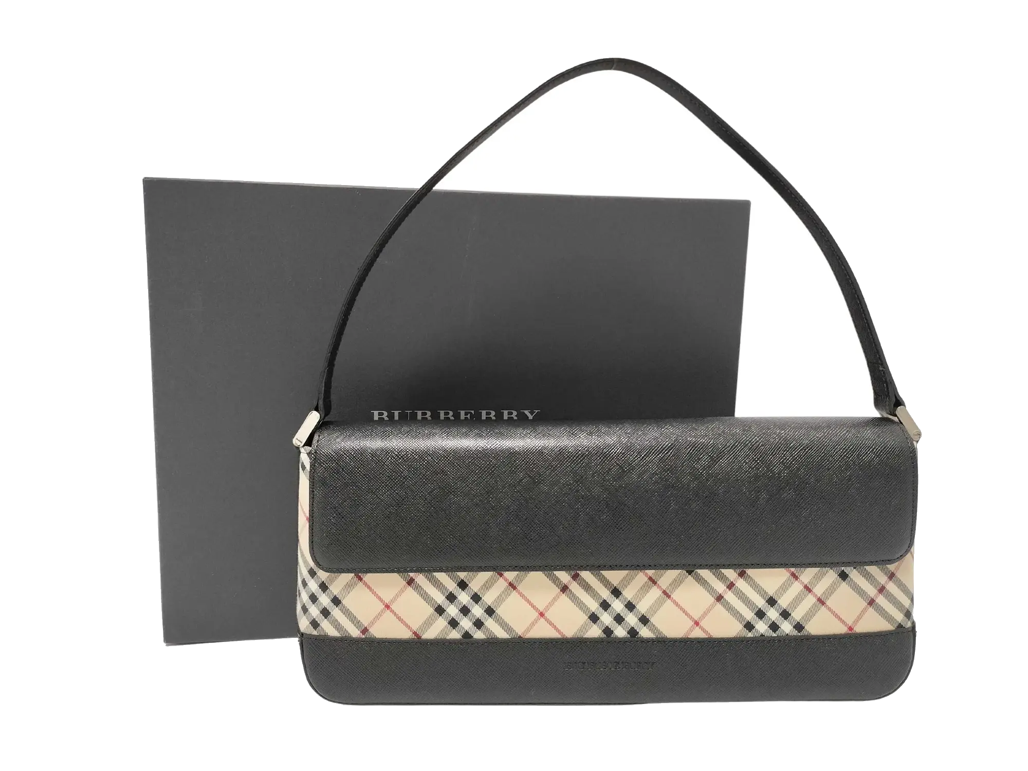 Pre-Loved Shoulder Bag Nova Check Coated Canvas with Silver Hardware, Beige and Black