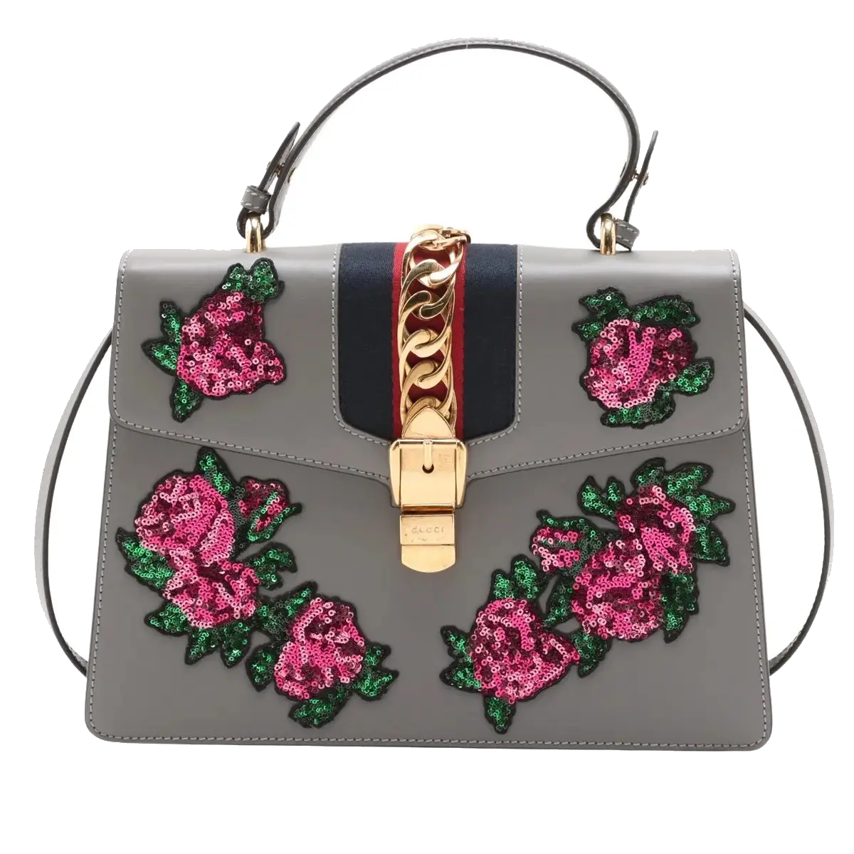 Pre-Loved Sylvie Handbag Floral Leather Medium with Gold Hardware, Gray