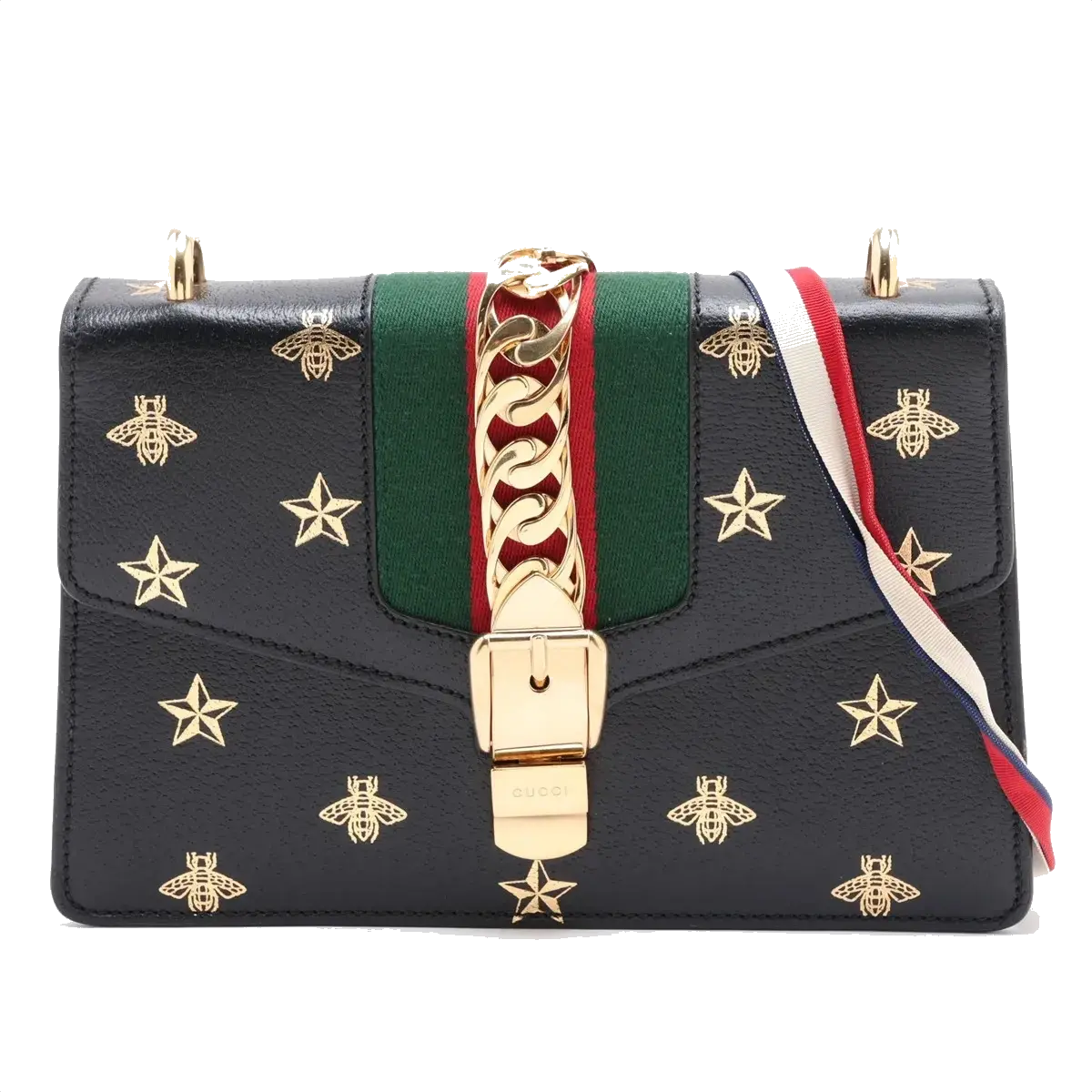 Pre-Loved Sylvie Bee Star Shoulder Bag Bee and Star Print Leather Small with Gold Hardware, Black