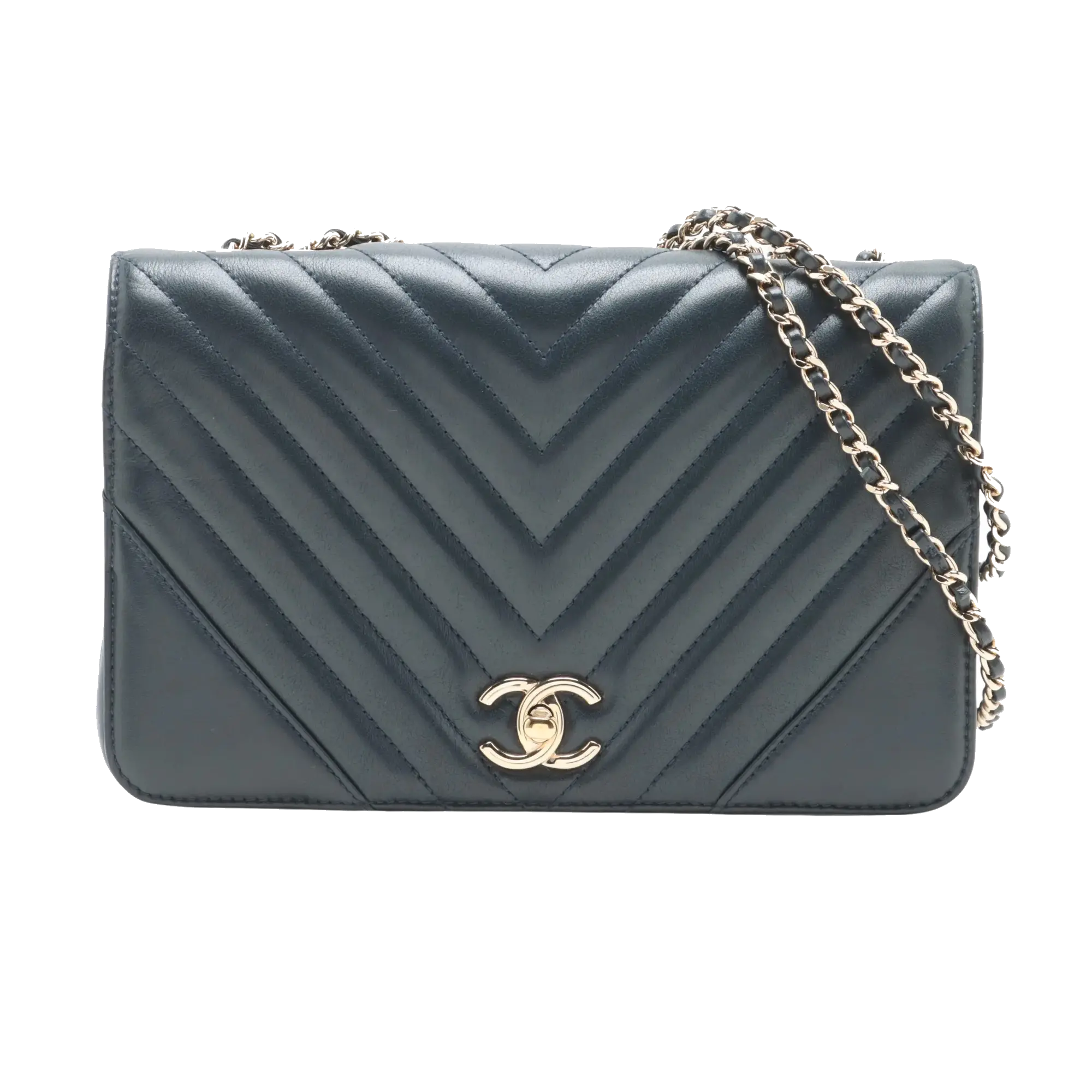 Pre-Loved Chevron Flap Bag Shoulder Bag Chevron Leather Small with Gold Hardware, Navy Blue