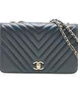 Pre-Loved Chevron Flap Bag Shoulder Bag Chevron Leather Small with Gold Hardware, Navy Blue