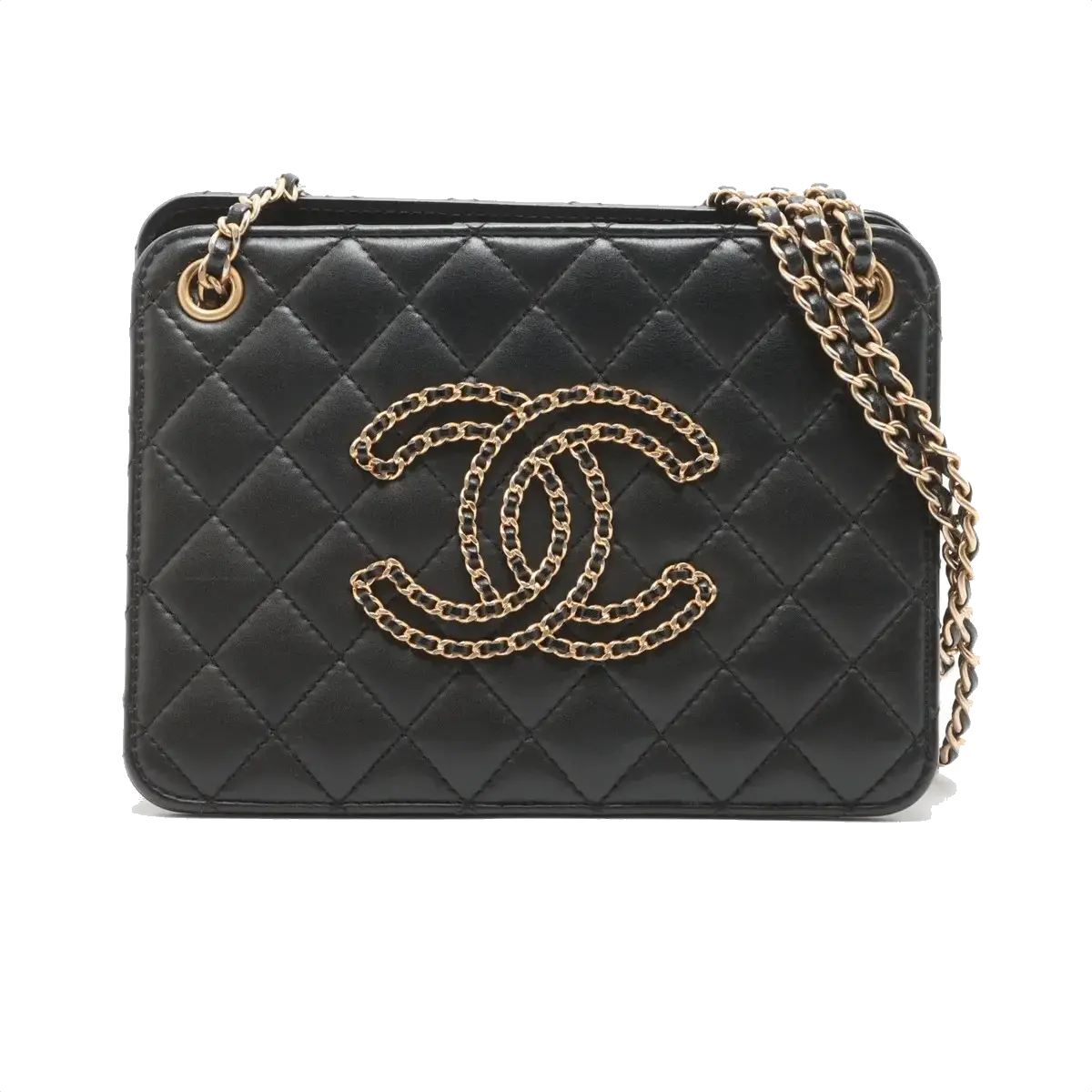 Pre-Loved CC Chain Logo Quilted Chain Bag Shoulder Bag Quilted Leather Small with Gold Hardware, Black