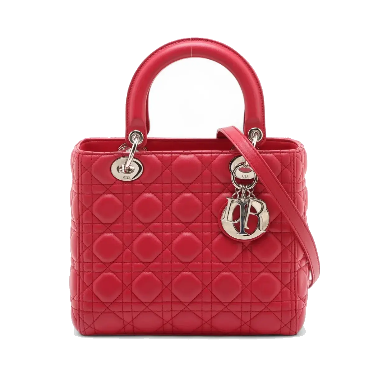 Pre-Loved Lady Dior Handbag Cannage Leather Medium with Silver Hardware, Red