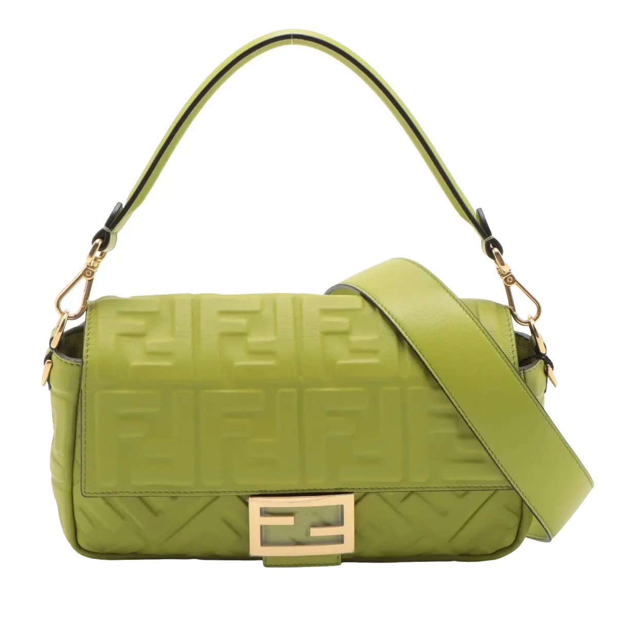 Pre-Loved Baguette Shoulder Bag Embossed FF Logo Leather Medium with Gold Hardware, Green