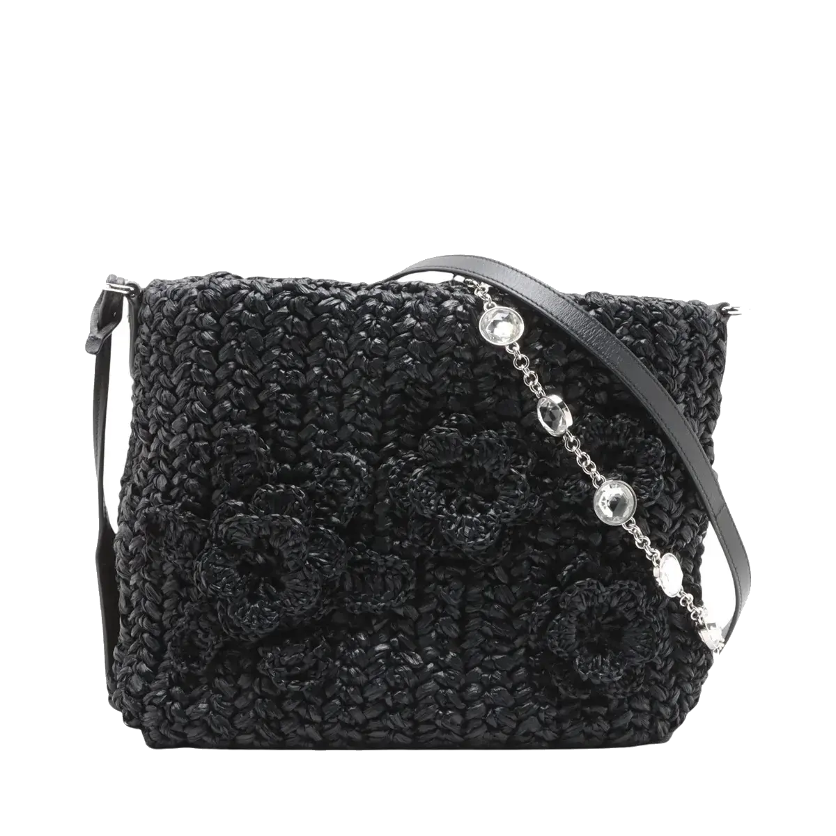 Pre-Loved Crossbody Bag Crochet Raffia with Silver Hardware, Black