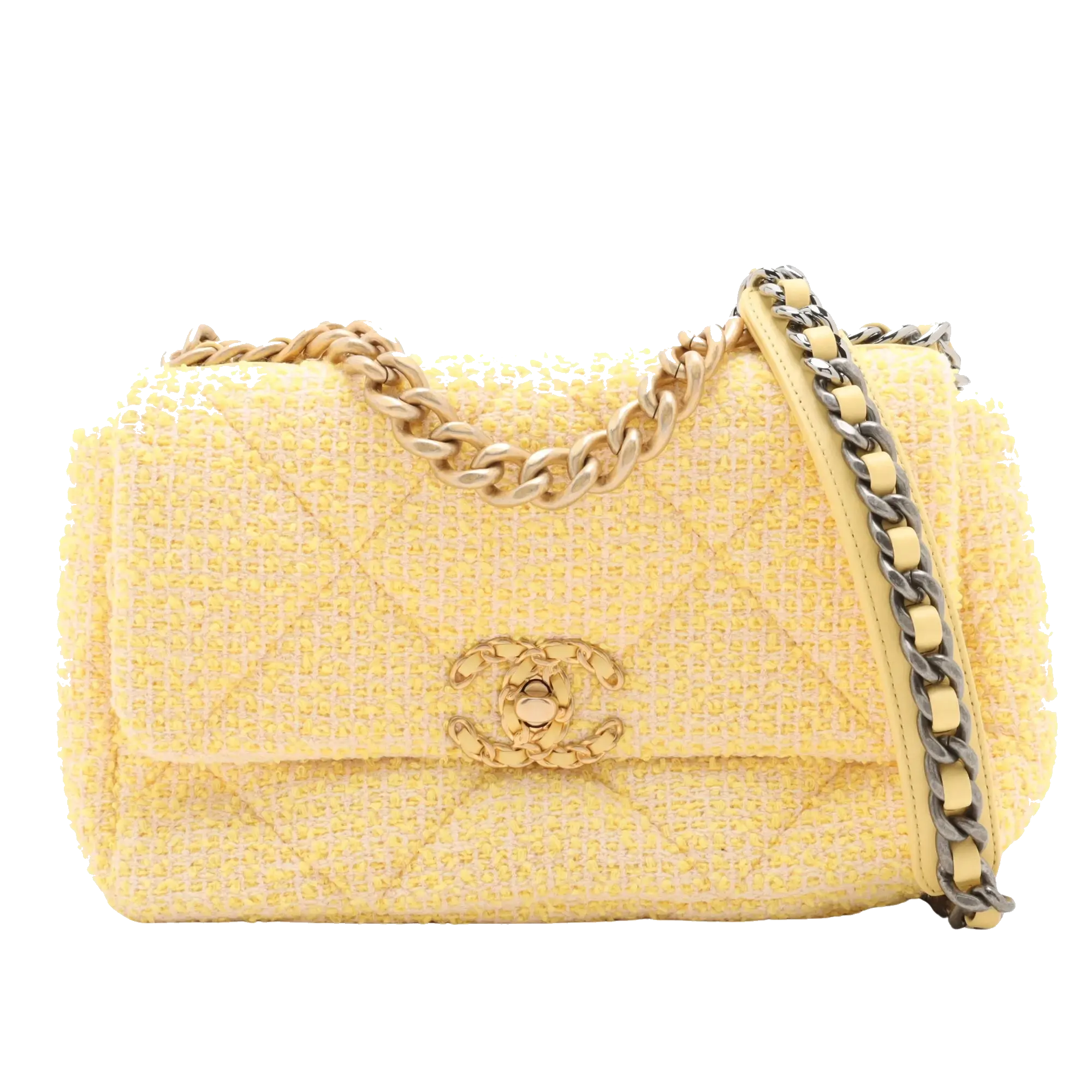 Pre-Loved Chanel 19 Shoulder Bag Quilted Tweed Small with Mixed Hardware, Yellow