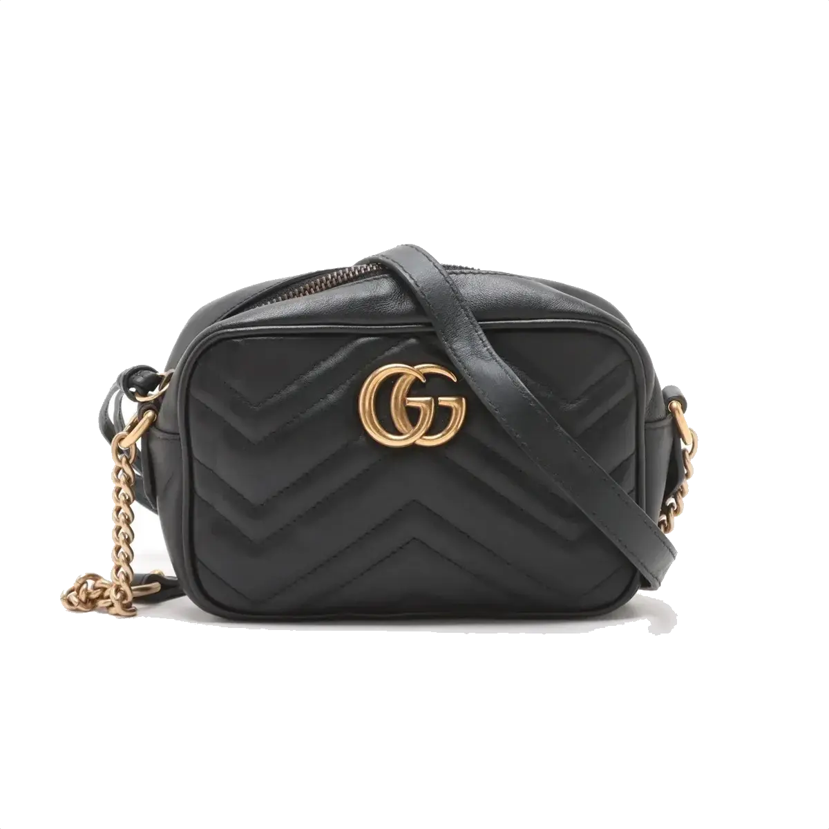 Pre-Loved GG Marmont Matelassé Camera Bag Crossbody Bag Quilted Leather Mini with Aged Gold Hardware, Black