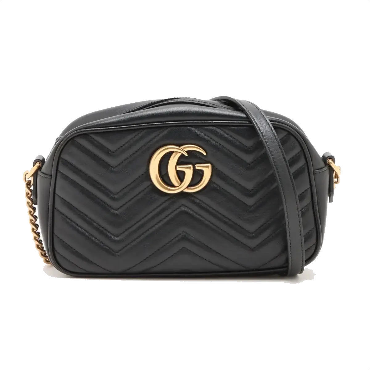 Pre-Loved GG Marmont Matelassé Camera Bag Crossbody Bag Quilted Leather Small with Aged Gold Hardware, Black
