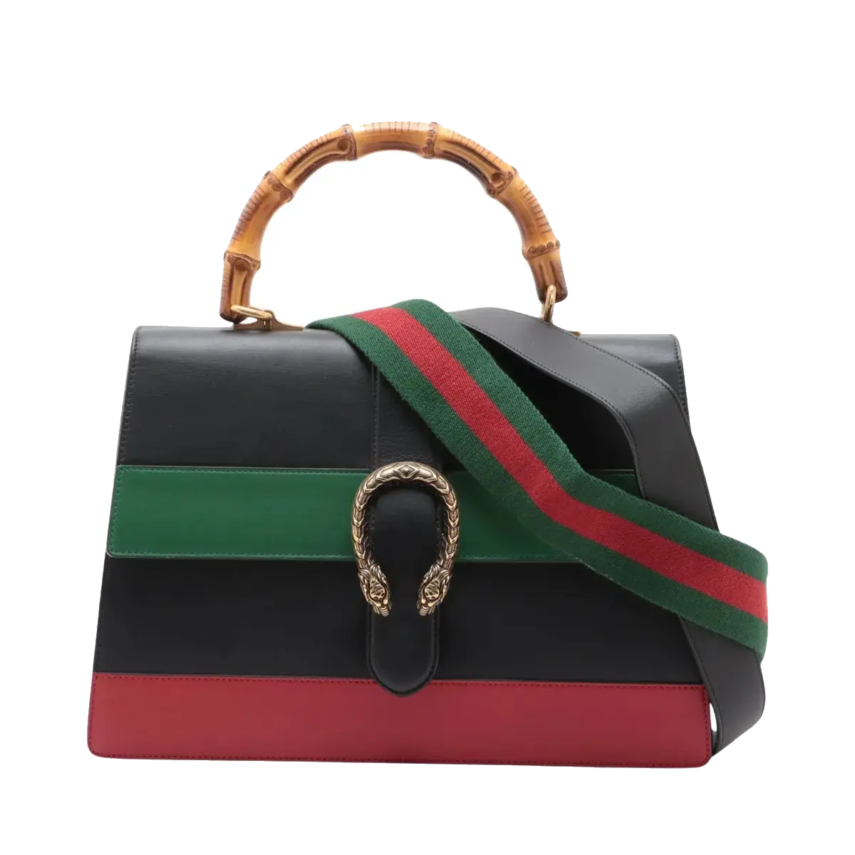 Pre-Loved Dionysus Bamboo Top Handle Handbag Leather Medium with Aged Gold Hardware, Black, Green, Red