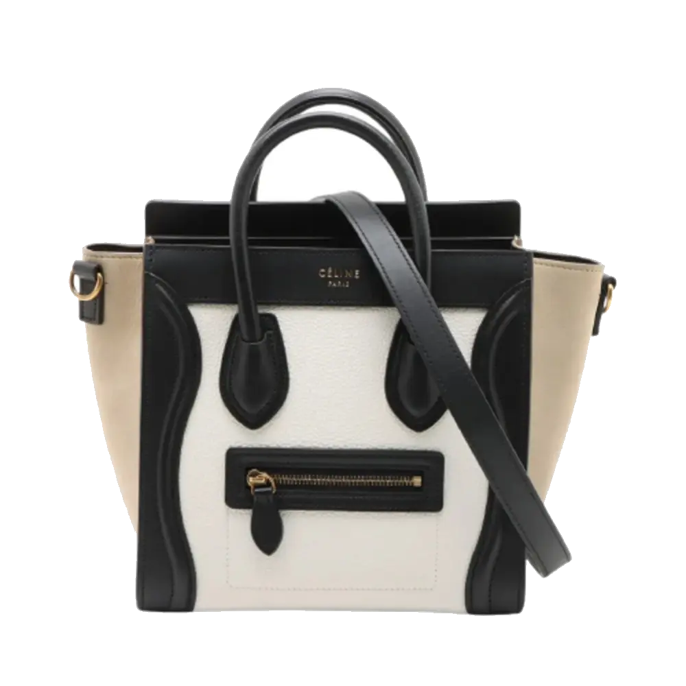 Pre-Loved Luggage Tote Leather Nano with Gold Hardware, White, Black &amp; Beige