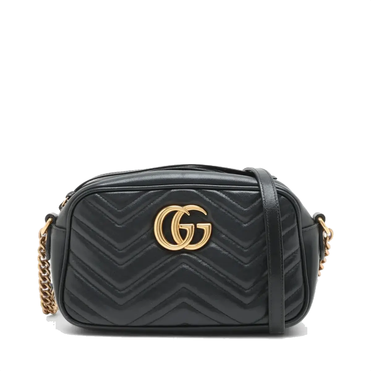 Pre-Loved GG Marmont Matelassé Camera Bag Crossbody Bag Quilted Leather Small with Aged Gold Hardware, Black