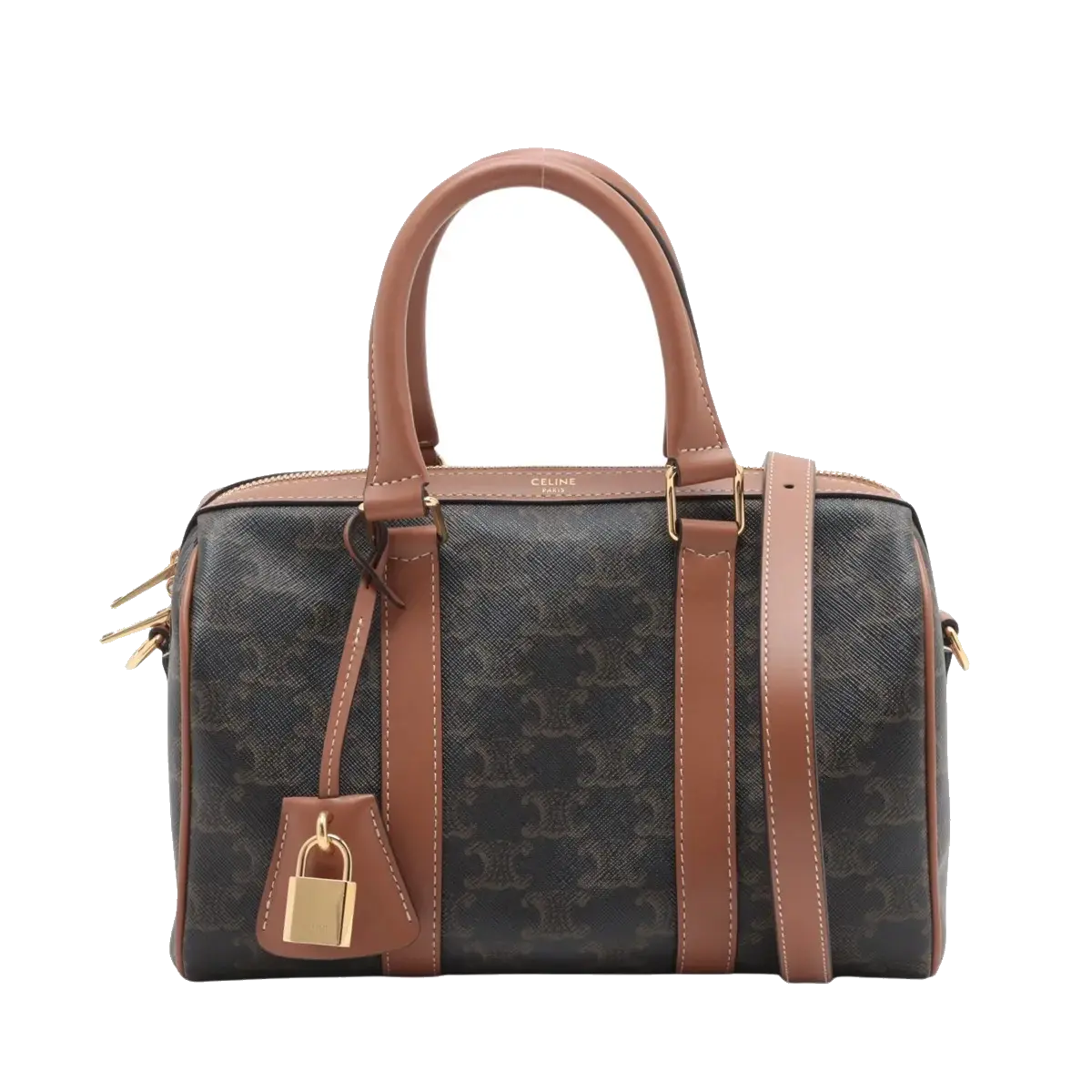 Pre-Loved Triomphe Boston Bag Handbag Triomphe Coated Canvas Small with Gold Hardware, Brown