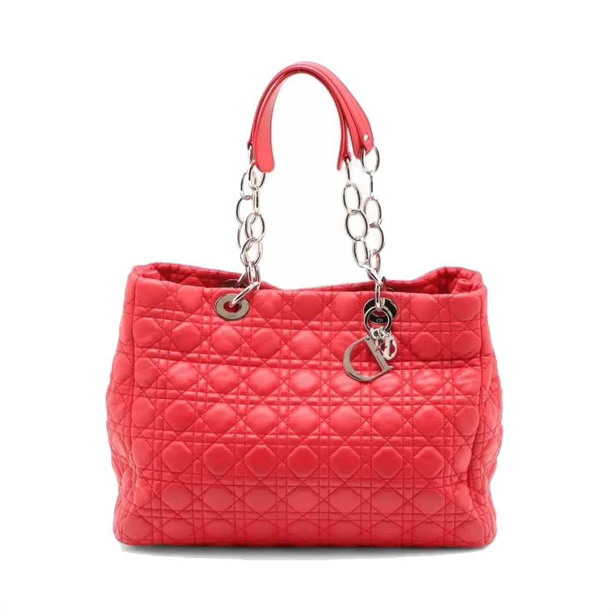 Pre-Loved Lady Dior Soft Shopping Tote Cannage Leather Large with Silver Hardware, Red