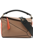 Pre-Loved Puzzle Handbag Leather Small with Gold Hardware, Taupe/Orange/Black