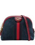 Pre-Loved Ophidia Shoulder Bag Suede Small with Gold Hardware, Navy Blue
