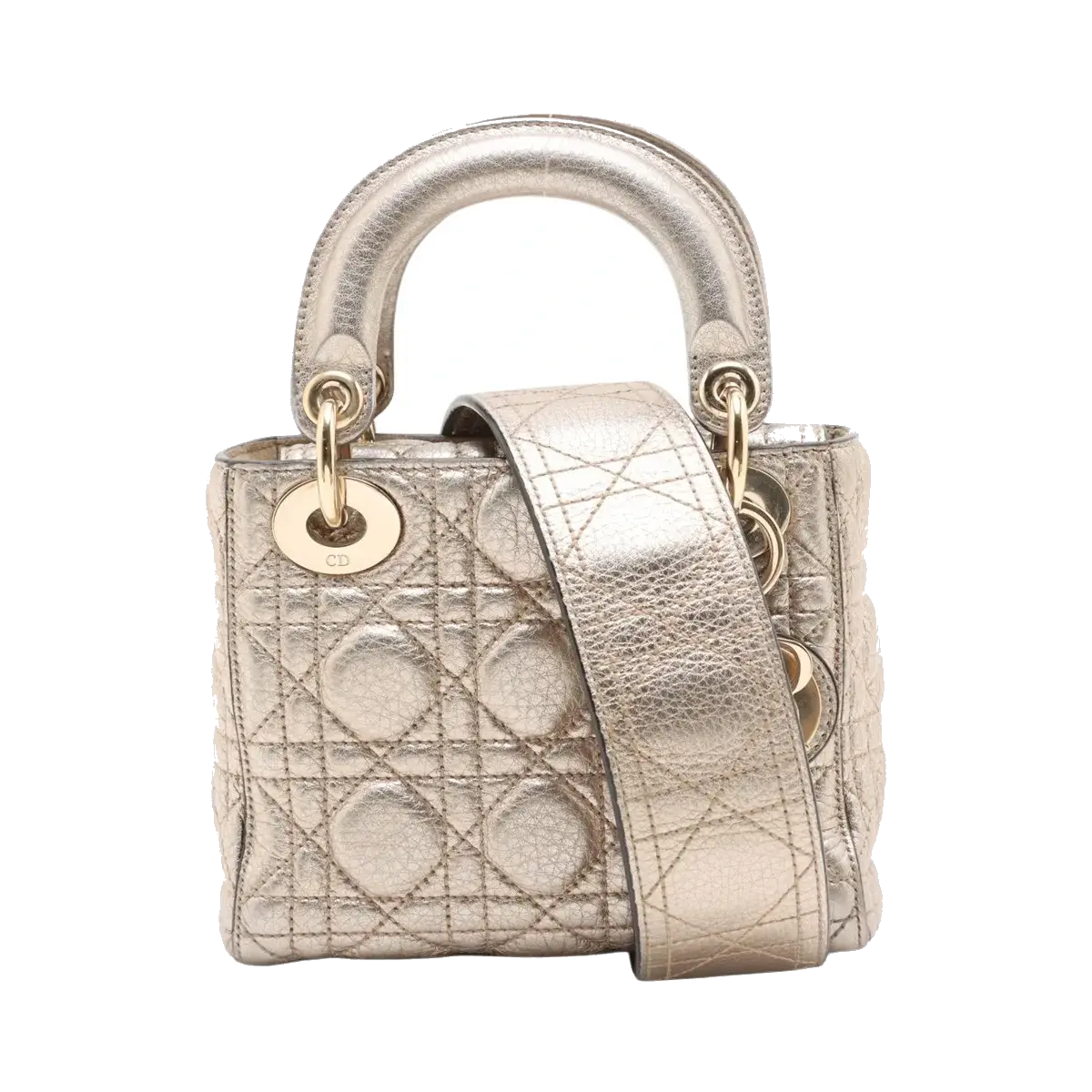 Pre-Loved Lady Dior Handbag Cannage Leather Mini with Gold Hardware, Metallic Champagne Gold