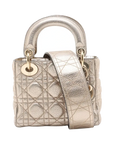 Pre-Loved Lady Dior Handbag Cannage Leather Mini with Gold Hardware, Metallic Champagne Gold